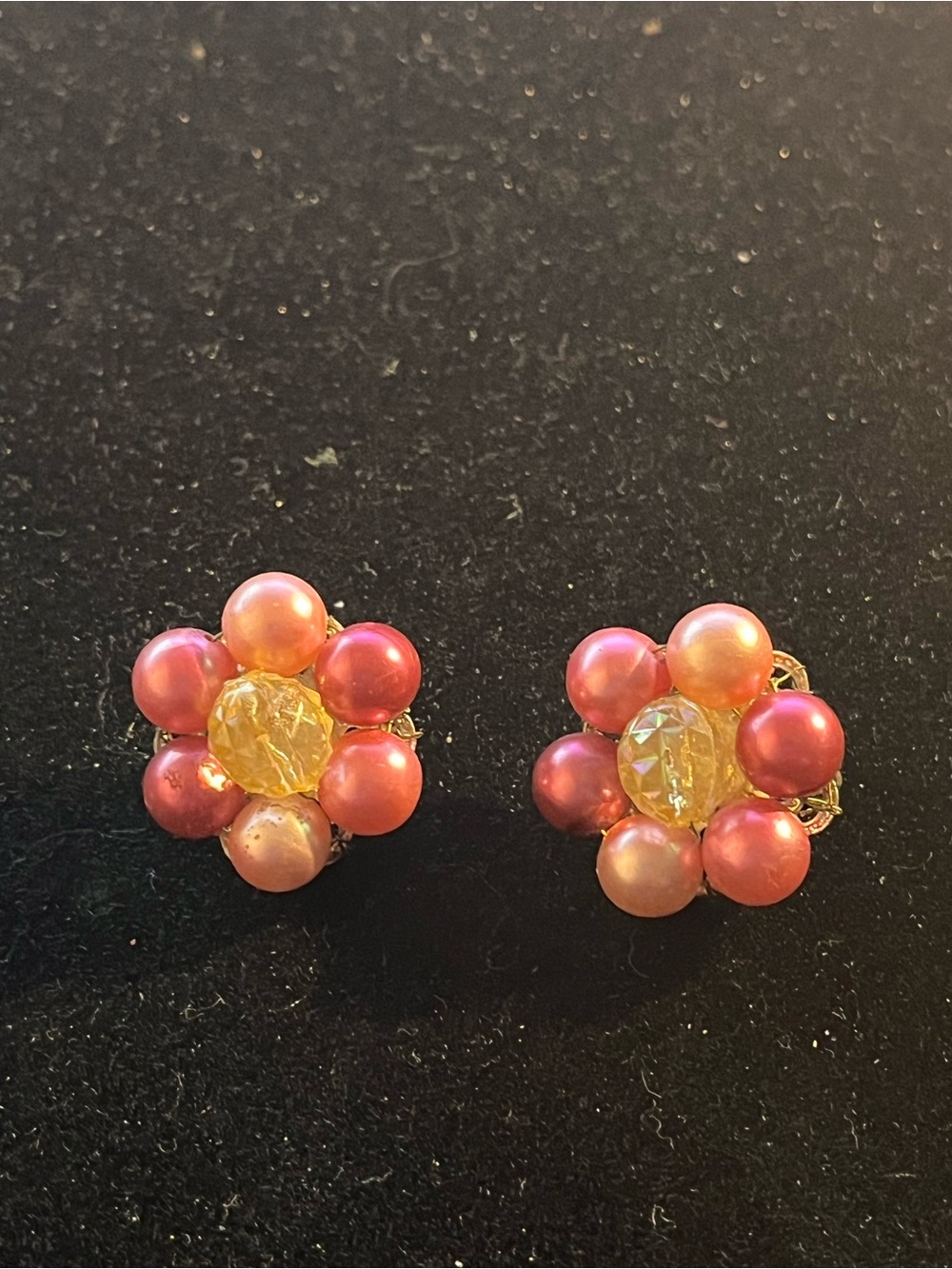 Vintage Japan Pink Pearl & Yellow Crystal Flower Earrings